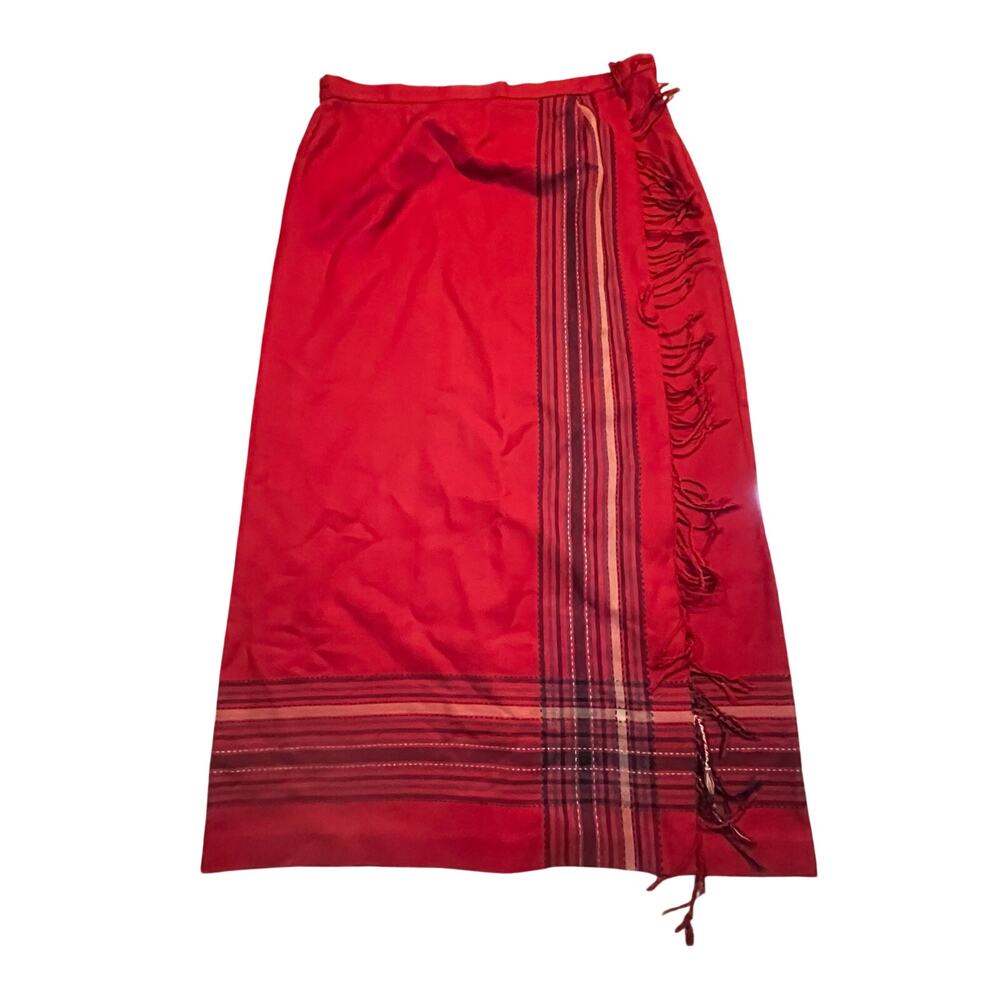 Vintage Red Wrap Midi Skirt Womens 10 Fringe Stripe Boho Fringe Festival